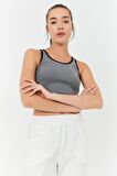 Gri Melanj Basic Sıfır Kol Dar Kalıp U Yaka Kadın Crop Top - 97162 | L