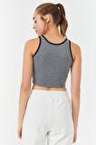 Gri Melanj Basic Sıfır Kol Dar Kalıp U Yaka Kadın Crop Top - 97162 | L