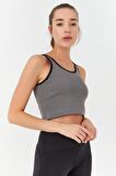 Gri Basic Sıfır Kol Dar Kalıp U Yaka Kadın Crop Top - 97162 | XS