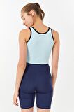 Gök Mavi Basic Sıfır Kol Dar Kalıp U Yaka Kadın Crop Top - 97162 | XS