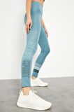 Mint Yeşili Yüksek Bel Yazı Baskılı Slim Fit Dar Paça Kadın Tayt - 94544 | L