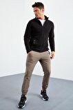 Siyah Yazı Nakışlı Dik Yaka Fermuarlı Standart Kalıp Erkek Sweatshirt Polar - 87992 | L
