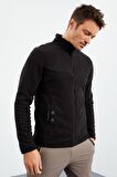 Siyah Yazı Nakışlı Dik Yaka Fermuarlı Standart Kalıp Erkek Sweatshirt Polar - 87992 | M
