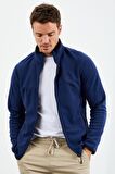 İndigo Yazı Nakışlı Dik Yaka Fermuarlı Standart Kalıp Erkek Sweatshirt Polar - 87992 | S