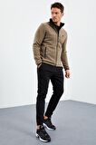 Camel Yazı Nakışlı Dik Yaka Fermuarlı Standart Kalıp Erkek Sweatshirt Polar - 87992 | S