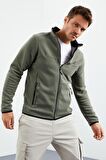 Çağla Yazı Nakışlı Dik Yaka Fermuarlı Standart Kalıp Erkek Sweatshirt Polar - 87992 | S