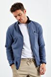 Petrol Yazı Nakışlı Dik Yaka Fermuarlı Standart Kalıp Erkek Sweatshirt Polar - 87992 | L