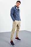 Petrol Yazı Nakışlı Dik Yaka Fermuarlı Standart Kalıp Erkek Sweatshirt Polar - 87992 | M