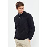 Siyah Nakışlı Yarım Fermuar Kapüşonlu Standart Kalıp Erkek Polar Sweatshirt - 87996 | XXL