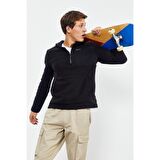 Siyah Nakışlı Yarım Fermuar Kapüşonlu Standart Kalıp Erkek Polar Sweatshirt - 87996 | XXL