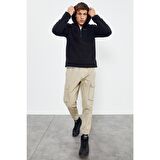 Siyah Nakışlı Yarım Fermuar Kapüşonlu Standart Kalıp Erkek Polar Sweatshirt - 87996 | XXL