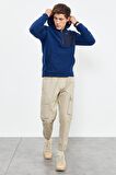 İndigo Nakışlı Yarım Fermuar Kapüşonlu Standart Kalıp Erkek Polar Sweatshirt - 87996 | XXL