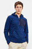 İndigo Nakışlı Yarım Fermuar Kapüşonlu Standart Kalıp Erkek Polar Sweatshirt - 87996 | XXL