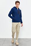İndigo Nakışlı Yarım Fermuar Kapüşonlu Standart Kalıp Erkek Polar Sweatshirt - 87996 | XXL