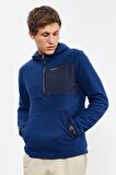 İndigo Nakışlı Yarım Fermuar Kapüşonlu Standart Kalıp Erkek Polar Sweatshirt - 87996 | XXL
