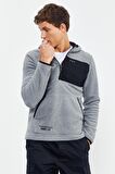 Gri Melanj Nakışlı Yarım Fermuar Kapüşonlu Standart Kalıp Erkek Polar Sweatshirt - 87996 | XXL