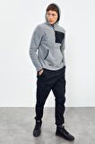 Gri Melanj Nakışlı Yarım Fermuar Kapüşonlu Standart Kalıp Erkek Polar Sweatshirt - 87996 | XXL