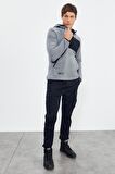 Gri Melanj Nakışlı Yarım Fermuar Kapüşonlu Standart Kalıp Erkek Polar Sweatshirt - 87996 | XXL