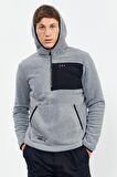 Gri Melanj Nakışlı Yarım Fermuar Kapüşonlu Standart Kalıp Erkek Polar Sweatshirt - 87996 | XXL