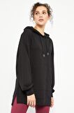 Siyah Balon Kol Yazı Nakışlı Kadın Oversize Tunik Sweatshirt - 97163 | L