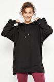 Siyah Balon Kol Yazı Nakışlı Kadın Oversize Tunik Sweatshirt - 97163 | L
