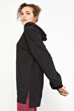 Siyah Balon Kol Yazı Nakışlı Kadın Oversize Tunik Sweatshirt - 97163 | L