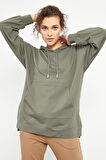 Çağla Balon Kol Yazı Nakışlı Kadın Oversize Tunik Sweatshirt - 97163 | XL