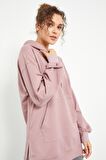 Gül Kurusu Balon Kol Yazı Nakışlı Kadın Oversize Tunik Sweatshirt - 97163 | S