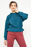 Zümrüt Beli Büzgülü Kapüşonlu Kadın Oversize Sweatshirt - 97159 | XS