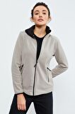 Koyu Bej Dik Yaka Fermuarlı Rahat Form Kadın Polar Sweatshirt - 97173 | XXL