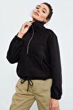 Siyah Yarım Fermuar Etek Ucu Büzgülü Kadın Polar Oversize Sweatshirt - 97171 | M