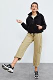 Siyah Yarım Fermuar Etek Ucu Büzgülü Kadın Polar Oversize Sweatshirt - 97171 | M