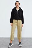 Siyah Yarım Fermuar Etek Ucu Büzgülü Kadın Polar Oversize Sweatshirt - 97171 | M