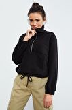 Siyah Yarım Fermuar Etek Ucu Büzgülü Kadın Polar Oversize Sweatshirt - 97171 | M