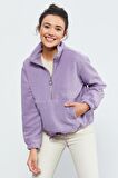 Eflatun Yarım Fermuar Etek Ucu Büzgülü Kadın Polar Oversize Sweatshirt - 97171 | XL