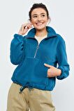 Zümrüt Yarım Fermuar Etek Ucu Büzgülü Kadın Polar Oversize Sweatshirt - 97171 | L