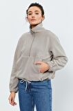 Koyu Bej Yarım Fermuar Etek Ucu Büzgülü Kadın Polar Oversize Sweatshirt - 97171 | XL