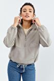 Koyu Bej Yarım Fermuar Etek Ucu Büzgülü Kadın Polar Oversize Sweatshirt - 97171 | XXL