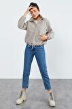 Koyu Bej Yarım Fermuar Etek Ucu Büzgülü Kadın Polar Oversize Sweatshirt - 97171 | XXL