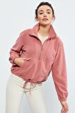Yaban Gülü Yarım Fermuar Etek Ucu Büzgülü Kadın Polar Oversize Sweatshirt - 97171 | XL