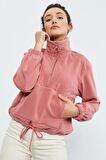 Yaban Gülü Yarım Fermuar Etek Ucu Büzgülü Kadın Polar Oversize Sweatshirt - 97171 | XL