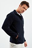 Lacivert Yazı Nakışlı Dik Yaka Fermuarlı Standart Kalıp Erkek Sweatshirt Polar - 87992 | S