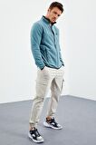 Mint Yeşili Yazı Nakışlı Dik Yaka Fermuarlı Standart Kalıp Erkek Sweatshirt Polar - 87992 | S