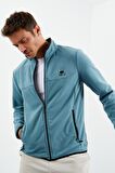 Mint Yeşili Yazı Nakışlı Dik Yaka Fermuarlı Standart Kalıp Erkek Sweatshirt Polar - 87992 | S