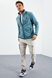 Mint Yeşili Yazı Nakışlı Dik Yaka Fermuarlı Standart Kalıp Erkek Sweatshirt Polar - 87992 | S