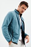 Mint Yeşili Yazı Nakışlı Dik Yaka Fermuarlı Standart Kalıp Erkek Sweatshirt Polar - 87992 | S