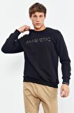 Siyah Yazı Nakışlı O Yaka Rahat Form Erkek Sweatshirt - 88020 | S