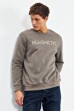Camel Yazı Nakışlı O Yaka Rahat Form Erkek Sweatshirt - 88020 | XL