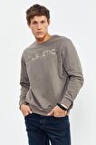 Camel Yazı Nakışlı O Yaka Rahat Form Erkek Sweatshirt - 88020 | XL