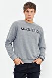 Gri Melanj Yazı Nakışlı O Yaka Rahat Form Erkek Sweatshirt - 88020 | XL